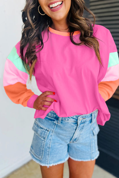 Rose Colorblock Long Sleeve Loose Top. GCollection