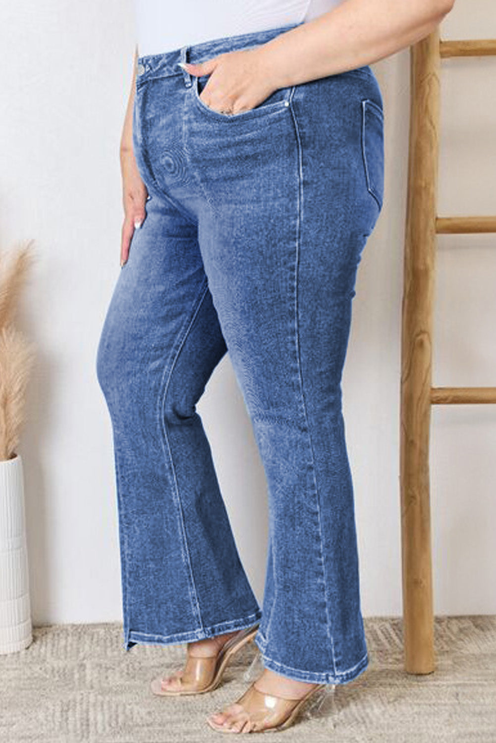 Blue Exposed Seam High Waist Flare Jeans. PSCollection