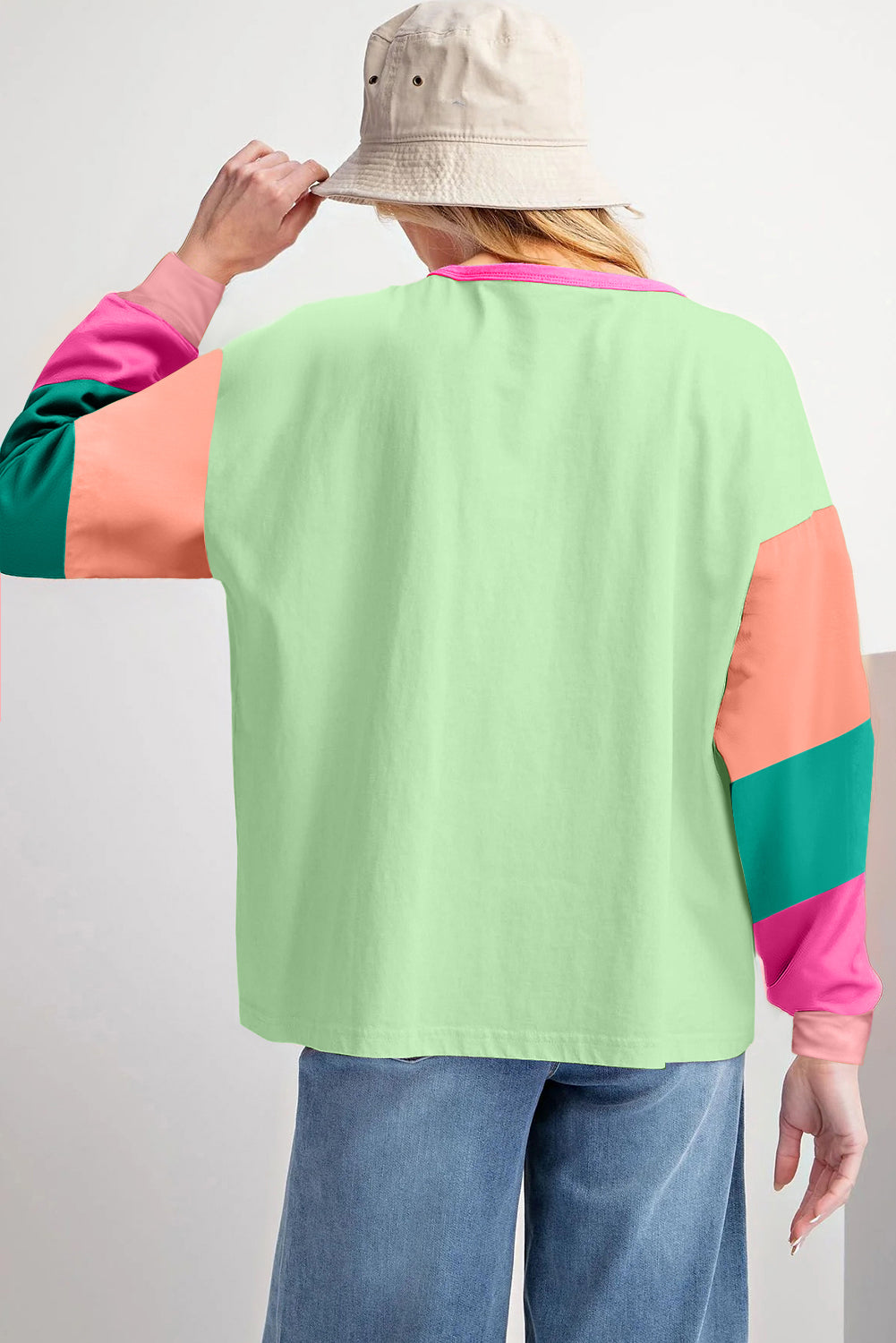 Green Colorblock Long Sleeve Loose Top. GCollection