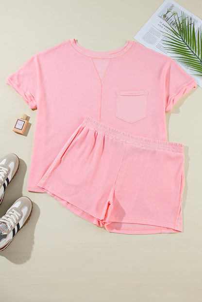 Pink Ribbed Exposed Seam Tee and Shorts Set. PSCollection