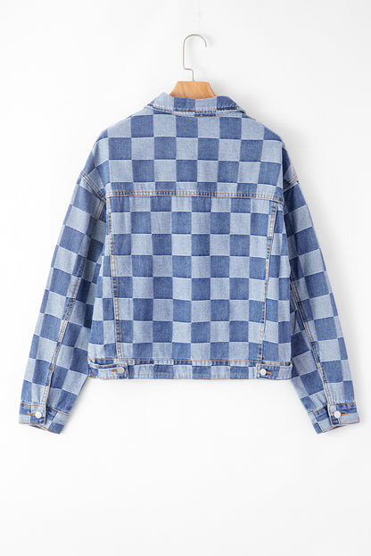 Light Blue Checkered Button up Denim Jacket. GCollection