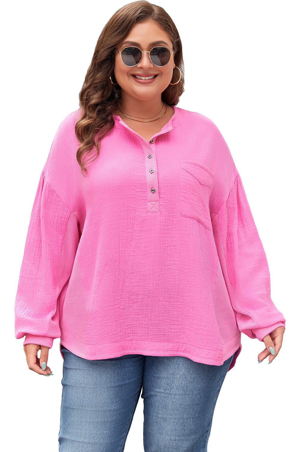 Half Buttons Chest Pocket Drop Sleeve Top. PSCollection