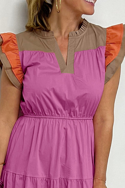 Color Block Tiered Neck Ruffle Sleeve Dress. GCollection