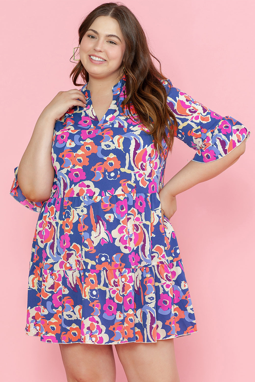 Floral Print Ruffled 3/4 Sleeve Mini Dress. PSCollection