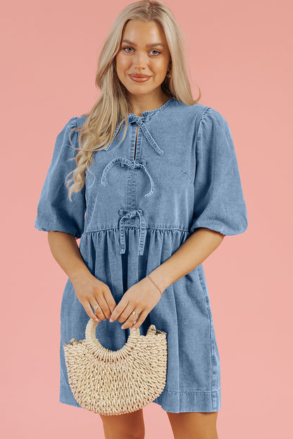 Blue Bowknot Bubble Sleeve Short Denim Dress. GCollection