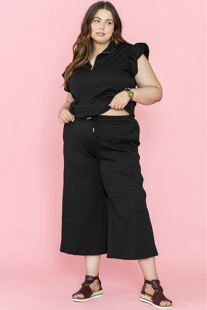 Black Ruffled Sleeve Wide Leg Pants Set. PSCollection