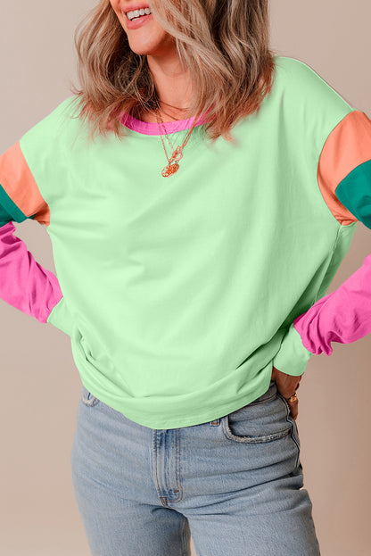 Green Colorblock Long Sleeve Loose Top. GCollection