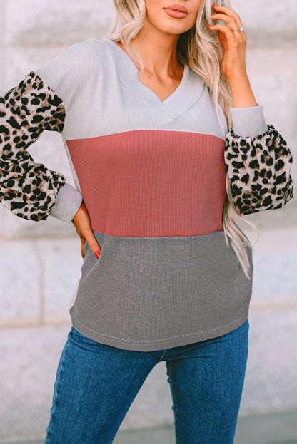 Leopard Contrast Sleeve Colorblock Waffle Knit Top. GCollection