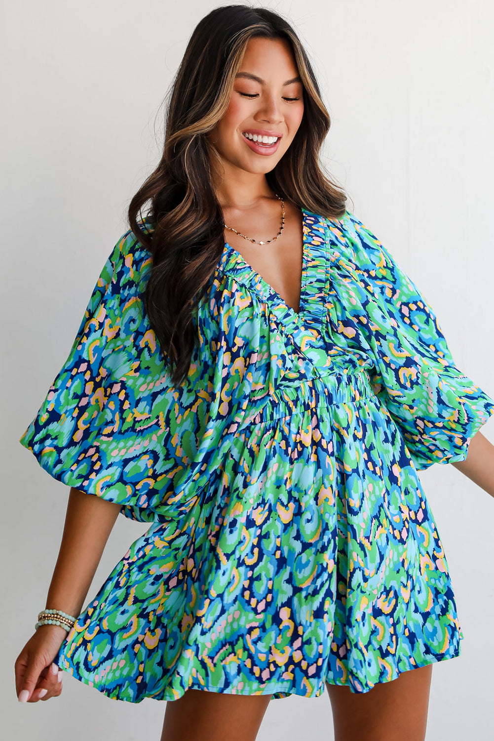 Green Abstract Print High Waist Romper. GCollection