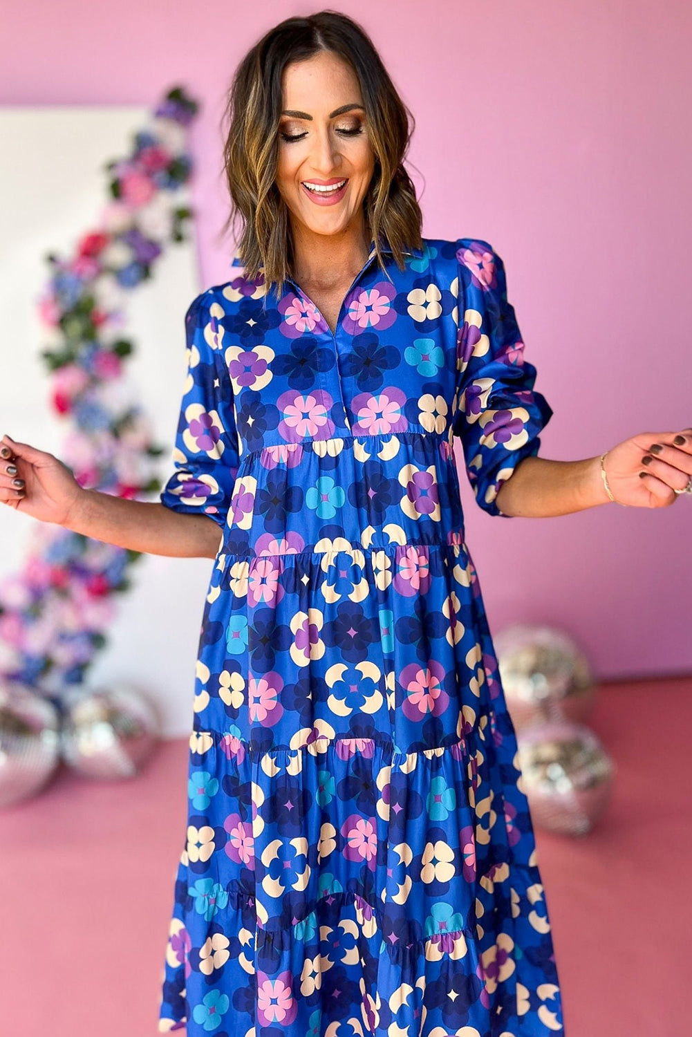 Blue Floral Tiered Ruffle Midi Dress. GCollection