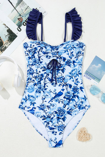 Blue Cutout Ruffled Spaghetti Strap One-Piece Swimwear. GCollection