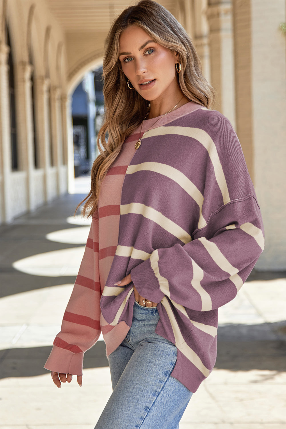 Pink Stripe Colorblock Oversized Sweater. GCollection