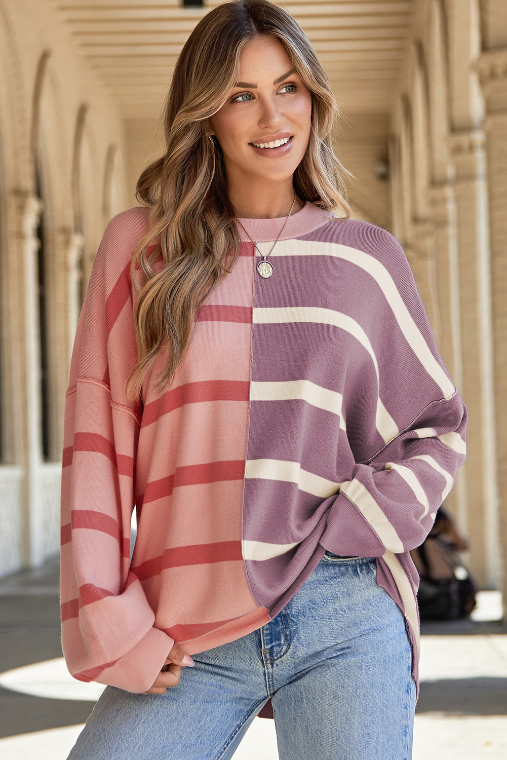 Pink Stripe Colorblock Oversized Sweater. GCollection