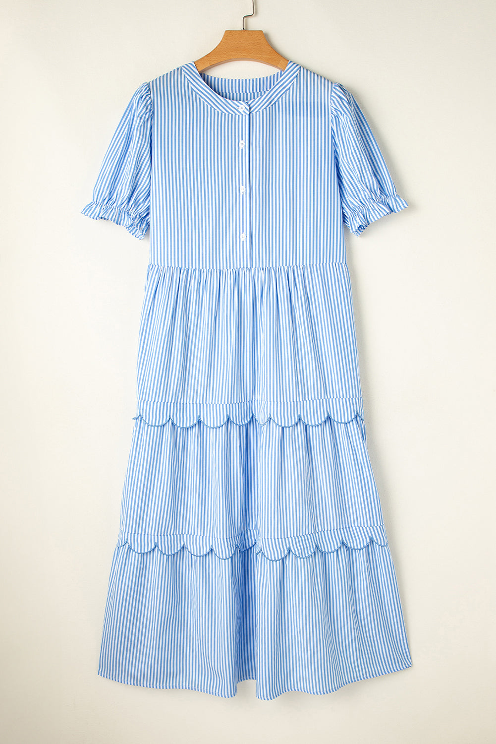 Sky Blue Stripe Bubble Short Sleeve Tiered Scallop Long Dress. GCollection