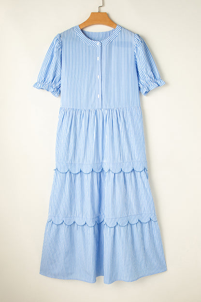 Sky Blue Stripe Bubble Short Sleeve Tiered Scallop Long Dress. GCollection