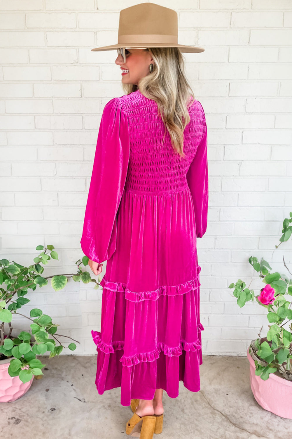 Rose Red Shirred V Neck Tiered Ruffled Velvet Plus Size Maxi Dress. PSCollection