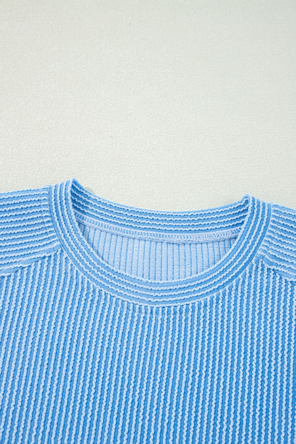 Blue Solid Corded Knit Short Sleeve Set. GCollection