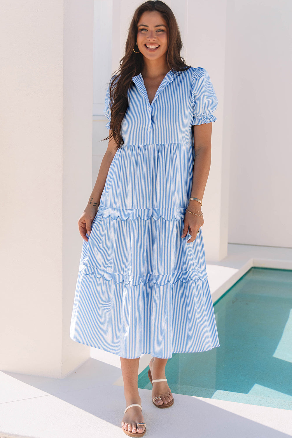 Sky Blue Stripe Bubble Short Sleeve Tiered Scallop Long Dress. GCollection