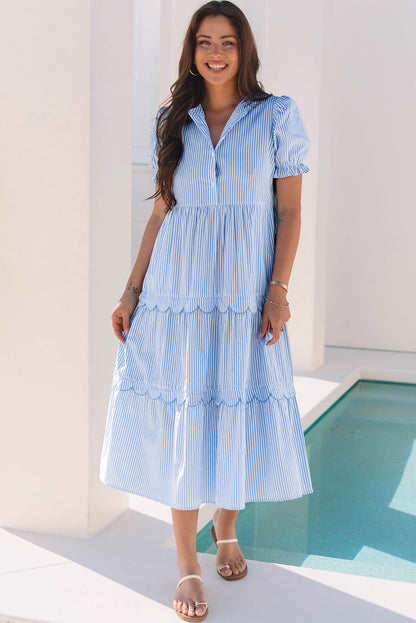Sky Blue Stripe Bubble Short Sleeve Tiered Scallop Long Dress. GCollection