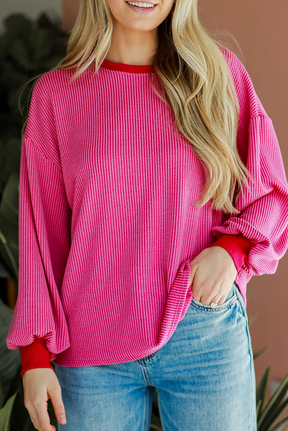 Bright Pink Corded Contrast Long Sleeve Top. GCollection