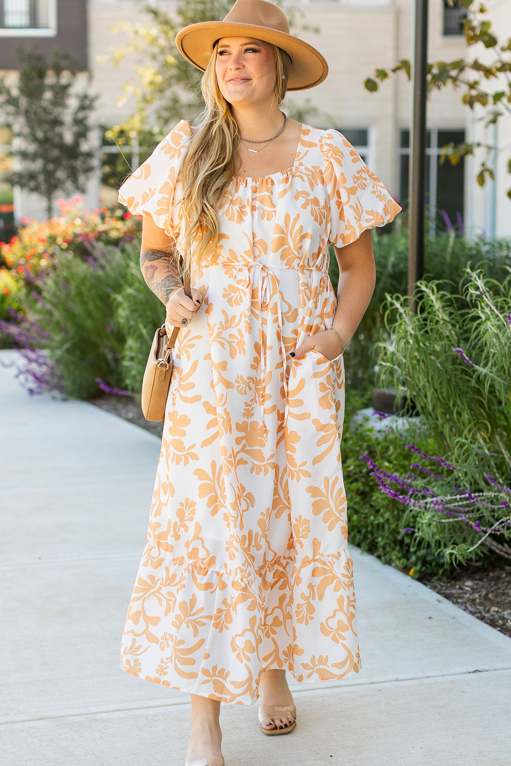 Apricot Floral Print Maxi Dress. PSCollectio