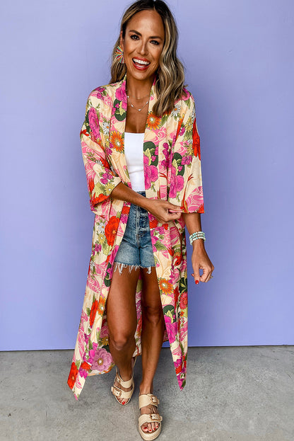 Pink Floral Allover Print Open Front Belted Duster Kimono. GCollection