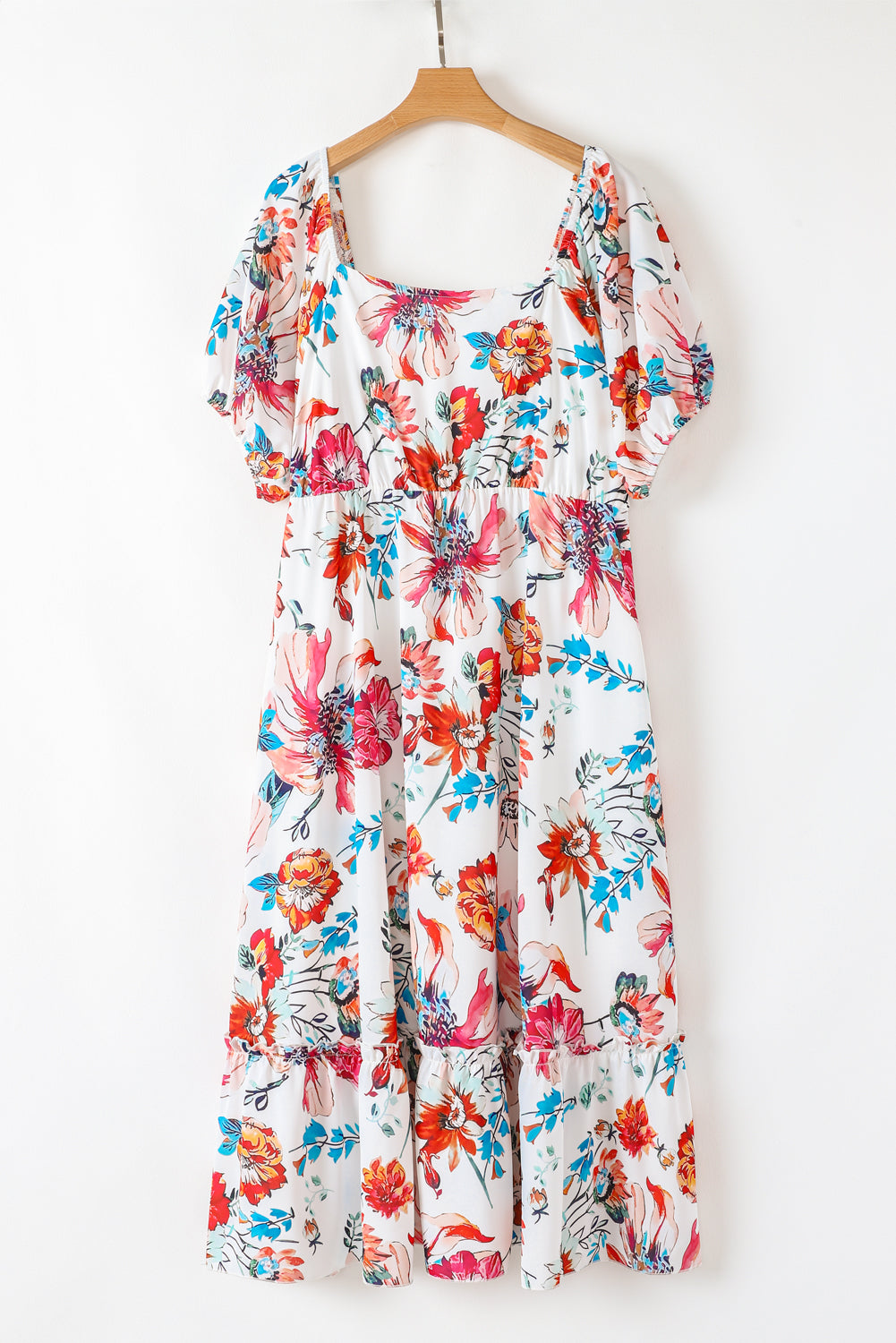 White Floral Square Neck Puff Sleeve Flowy Plus Size Midi Dress. PSCollection