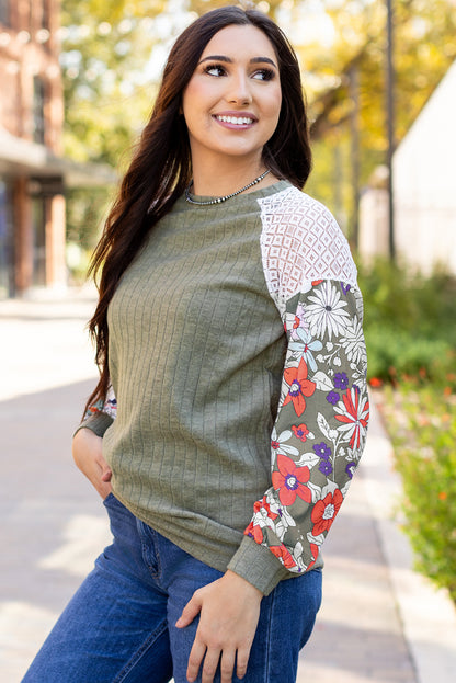 Green Floral Long Sleeve Ribbed Top. GCollection