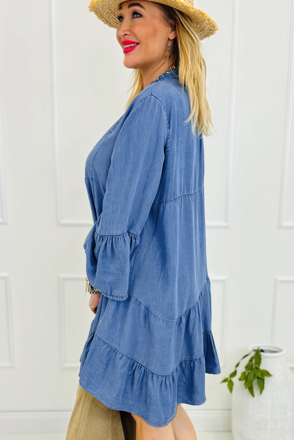 Sky Blue 3/4 Sleeve Tiered Split V Neck Dress. GCollection