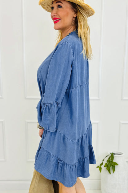 Sky Blue 3/4 Sleeve Tiered Split V Neck Dress. GCollection