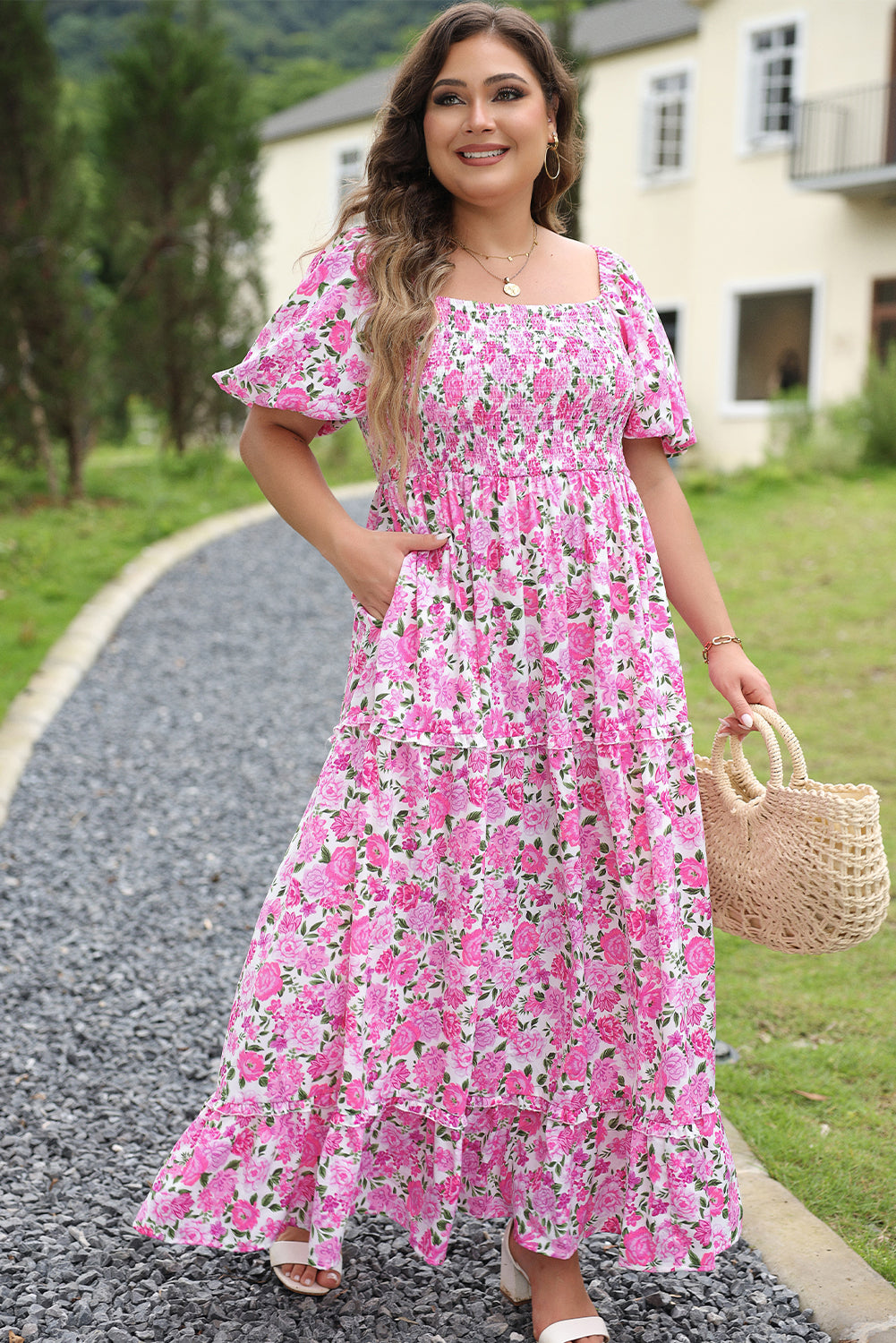 Pink Floral Print Smocked Puff Sleeve Dress. PSCollection