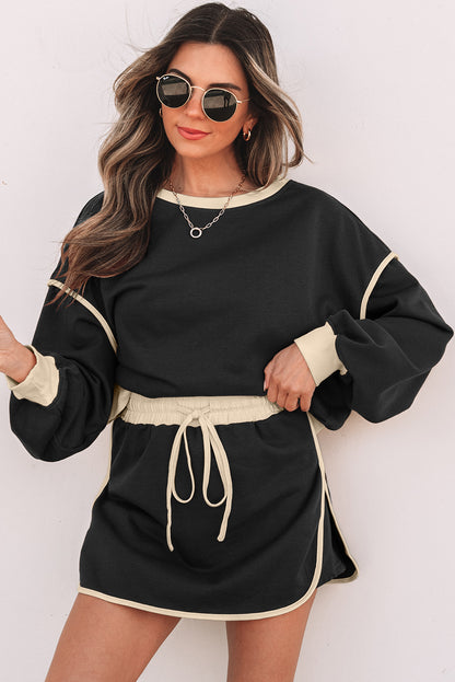 Black Color Contrast Loose Pullover and Lace-up Waist Skort Set