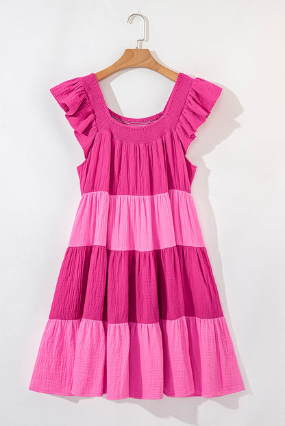 Pink Crinkled Colorblock Patchwork Flutter Tiered Dress. GCollection