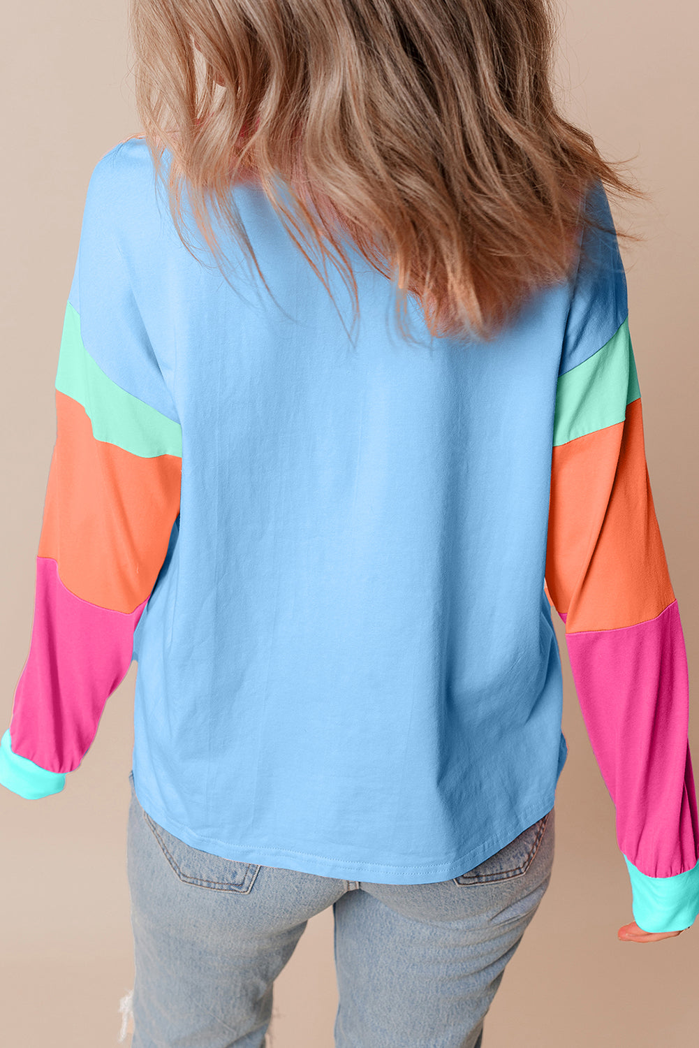 Dark Blue Colorblock Long Sleeve Loose Top. GCollection