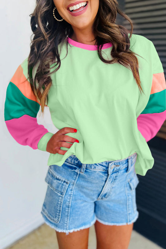 Green Colorblock Long Sleeve Loose Top. GCollection