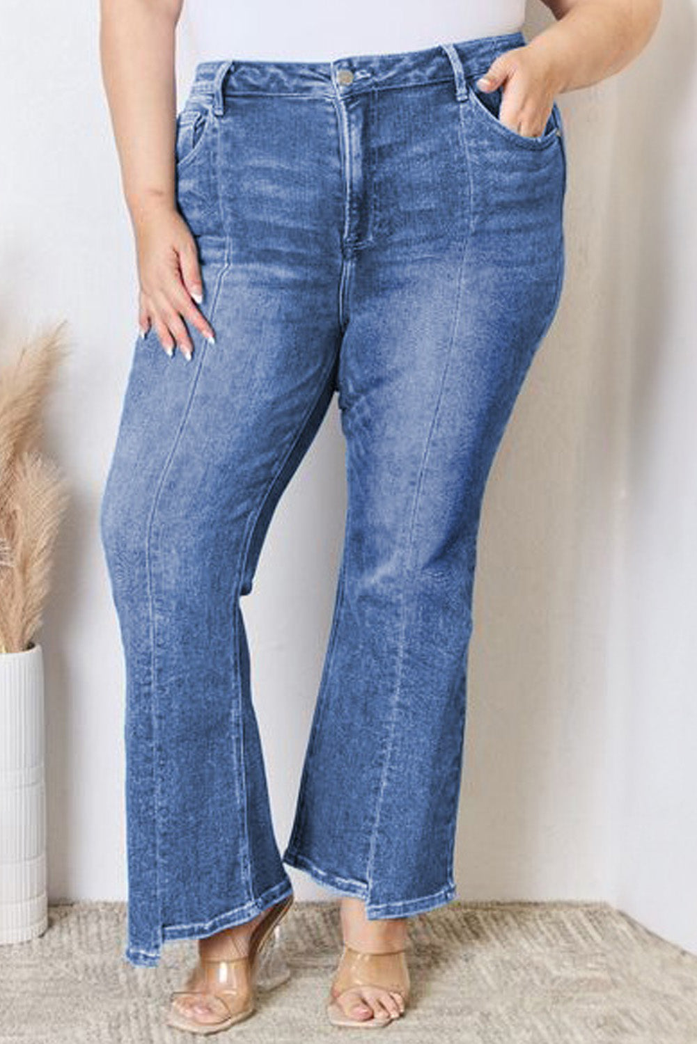 Blue Exposed Seam High Waist Flare Jeans. PSCollection