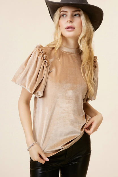 Beige Frilly Puff Sleeve Velvet Blouse. GCollection