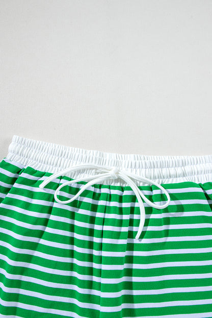 Dark Green Striped Cap Sleeve Tee and Shorts Set. GCollection