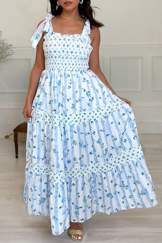 Sky Blue Floral Smocked Tied Straps A-Lined Maxi Dress. GCollection