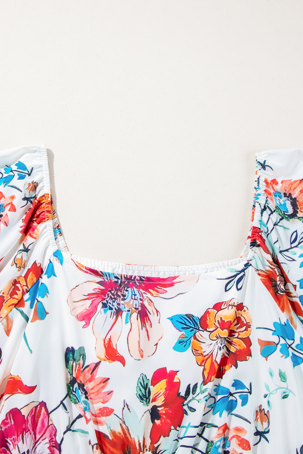 White Floral Square Neck Puff Sleeve Flowy Plus Size Midi Dress. PSCollection