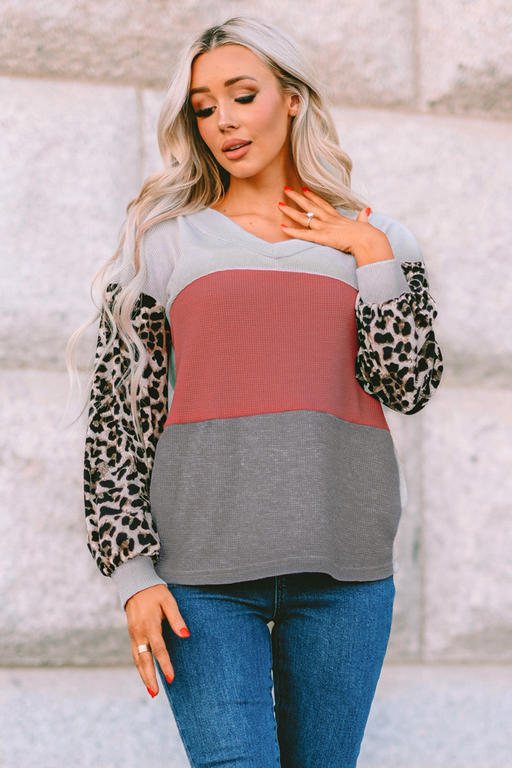 Leopard Contrast Sleeve Colorblock Waffle Knit Top. GCollection