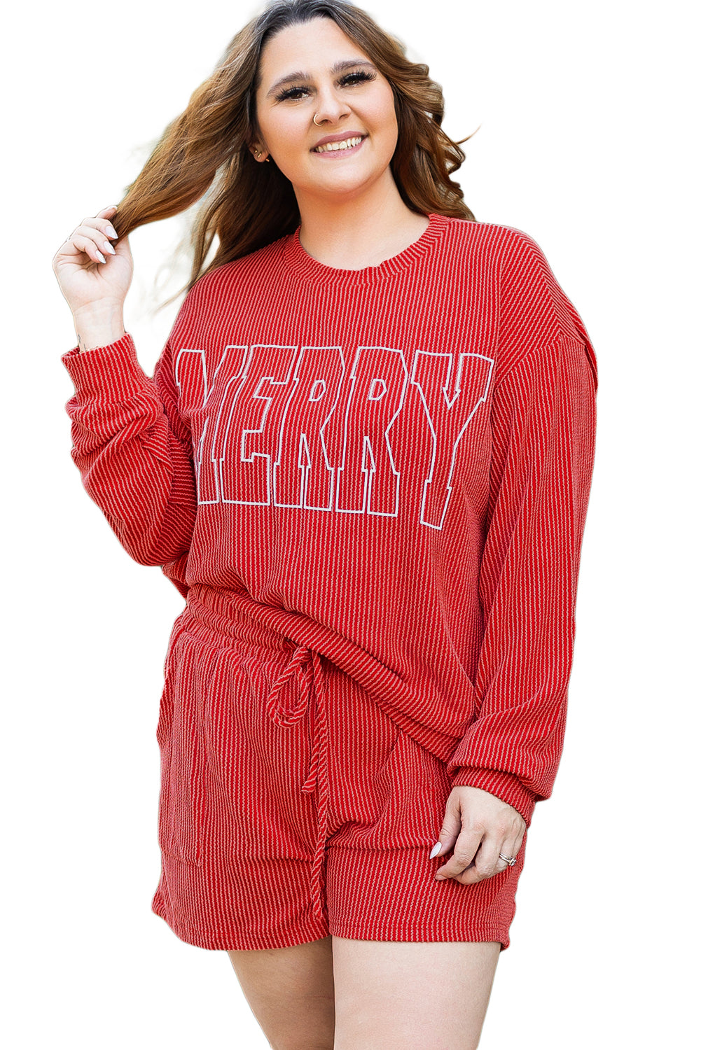 Red MERRY Ribbed Knit Long Sleeve Plus Size Set. GCollection