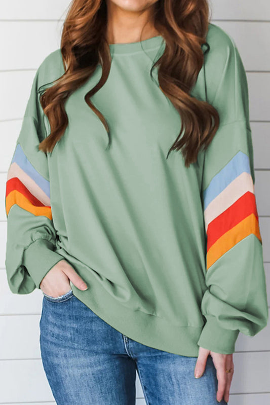 Rainbow Striped Sleeve Crew Neck Loose Sweatshirt. GCollection