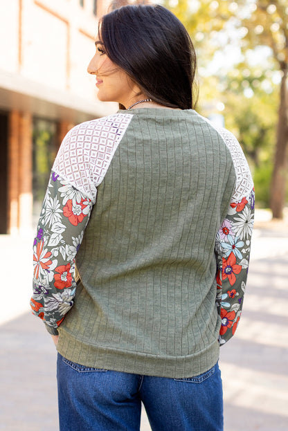 Green Floral Long Sleeve Ribbed Top. GCollection