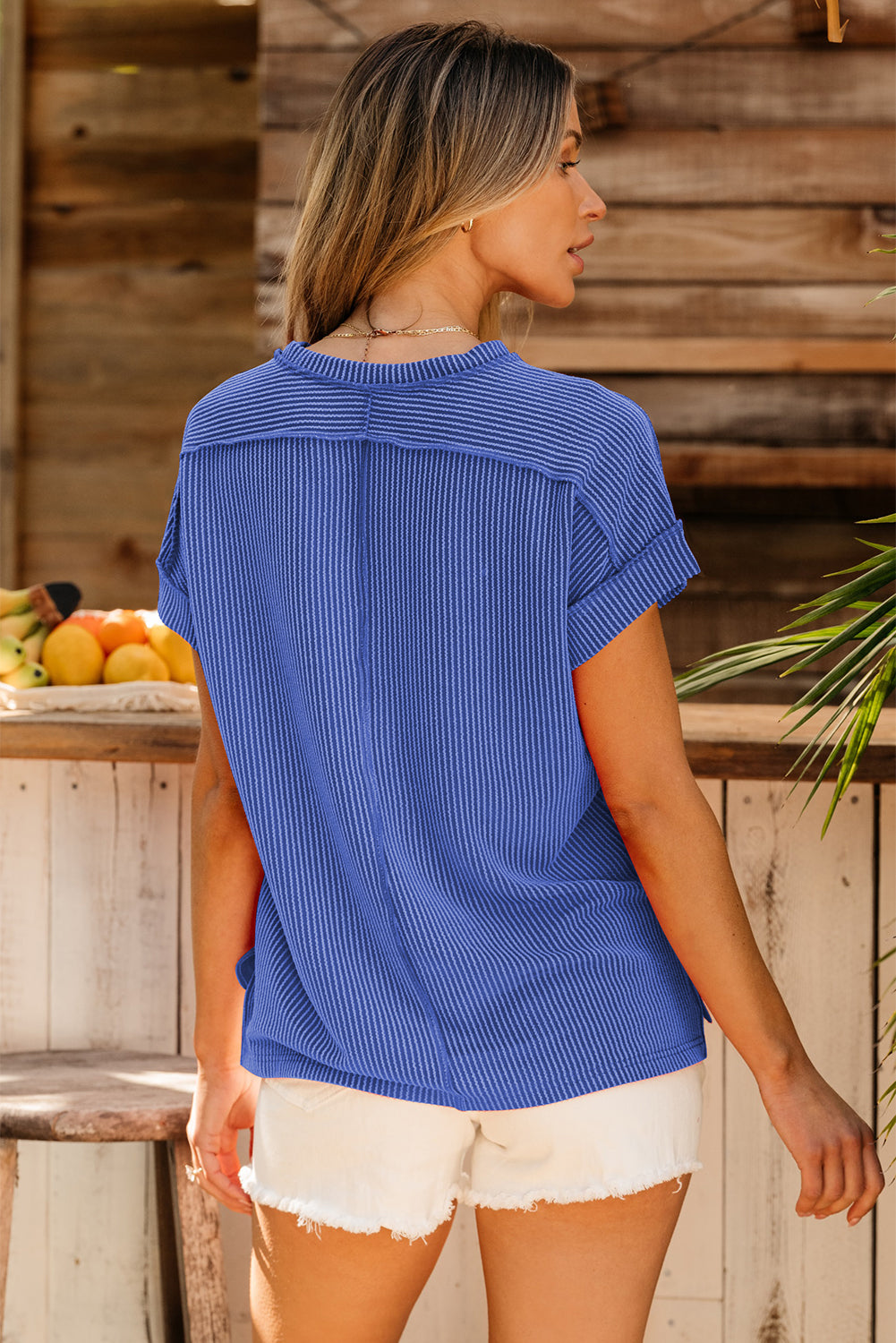 Dark Blue Textured Knit Exposed Stitching T-shirt. GCollection