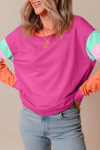 Rose Colorblock Long Sleeve Loose Top. GCollection