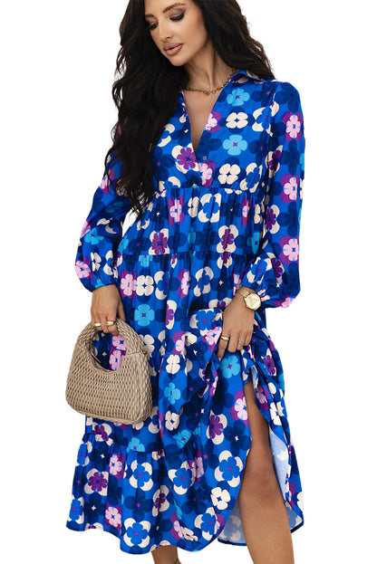 Blue Floral Tiered Ruffle Midi Dress. GCollection