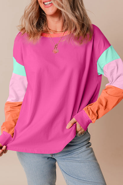 Rose Colorblock Long Sleeve Loose Top. GCollection