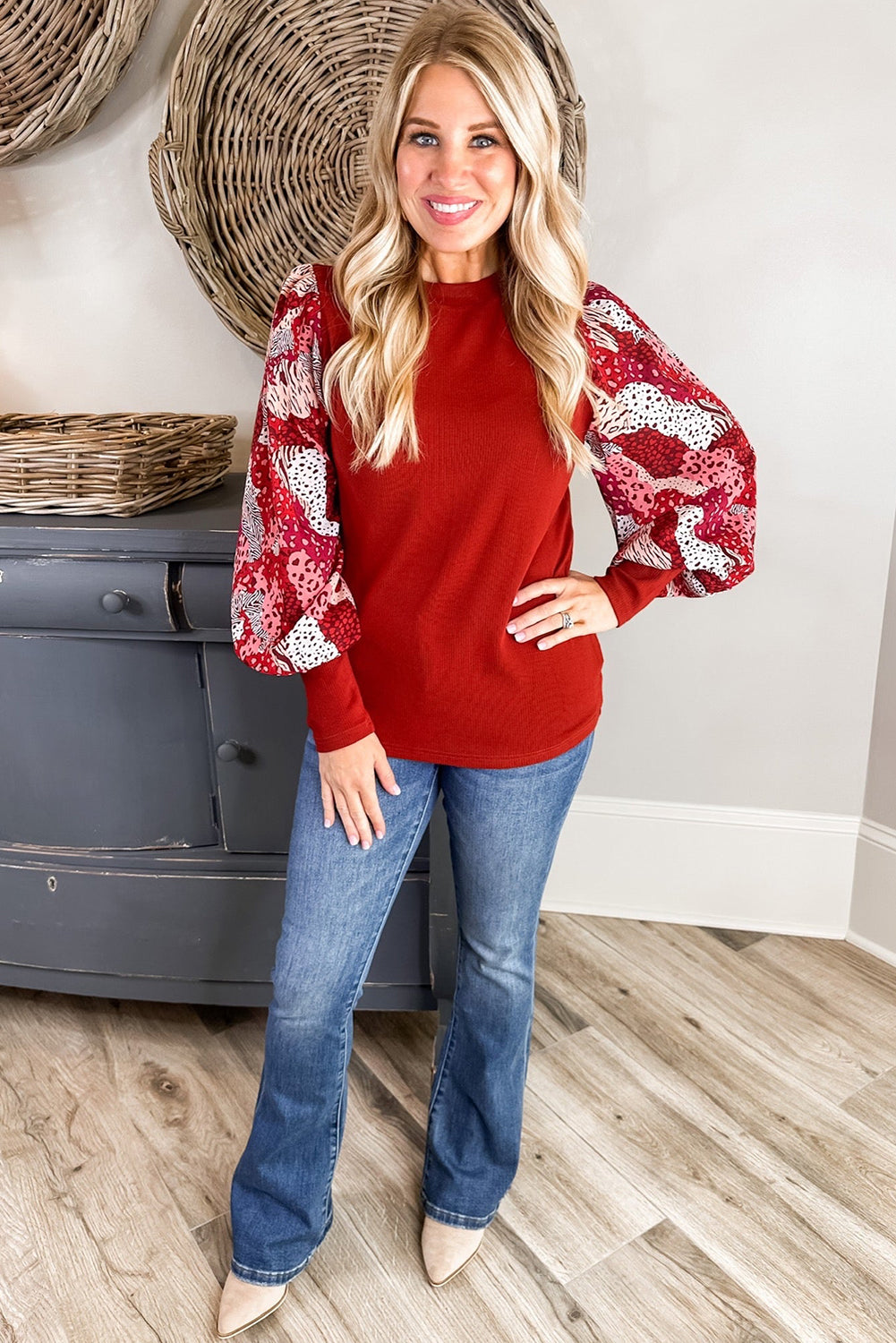 Red Contrast Mixed Animal Print Lantern Top. GCollection