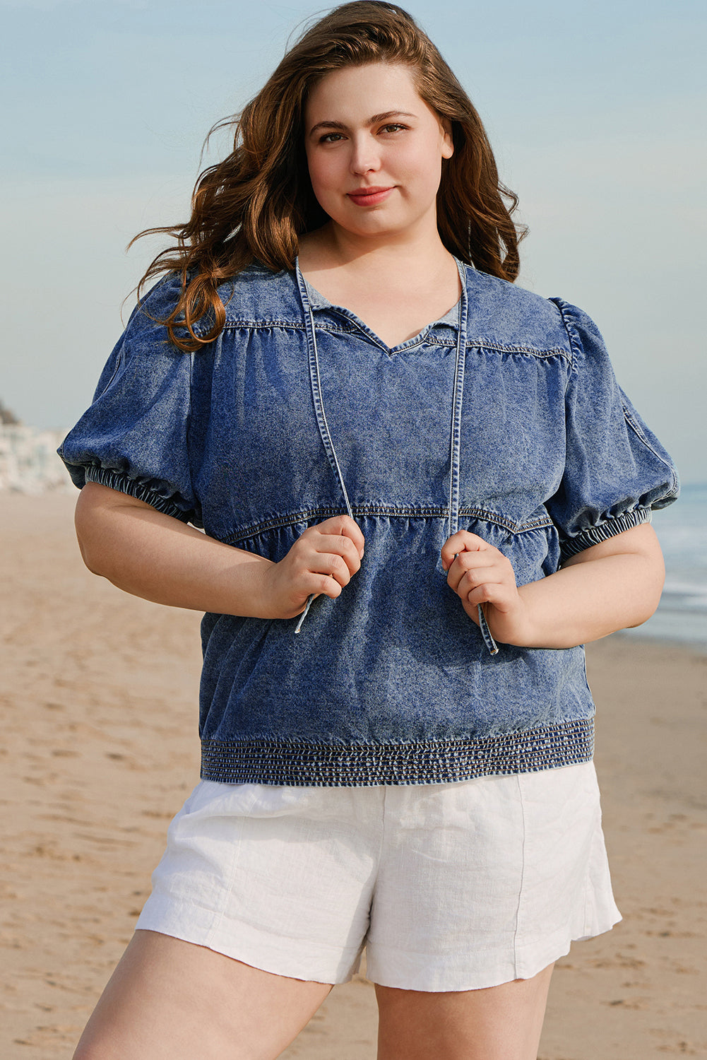 Sail Blue Plus  V Neck Puff Sleeve Denim Blouse. PSCollection